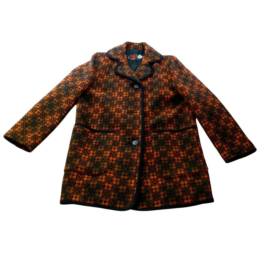 Real Welsh Wool "Eclipse" Coat‎ Orange & Black Tapestry Pattern Wales Vintage